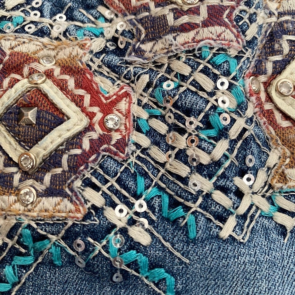 Miss Me Signature Straight Jeans 30x33 Blue Embroidered Sequin Low Rise Denim - Picture 6 of 16
